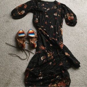 Black Floral Maxi Dress with Puff Sleeves and Ruffle Hem